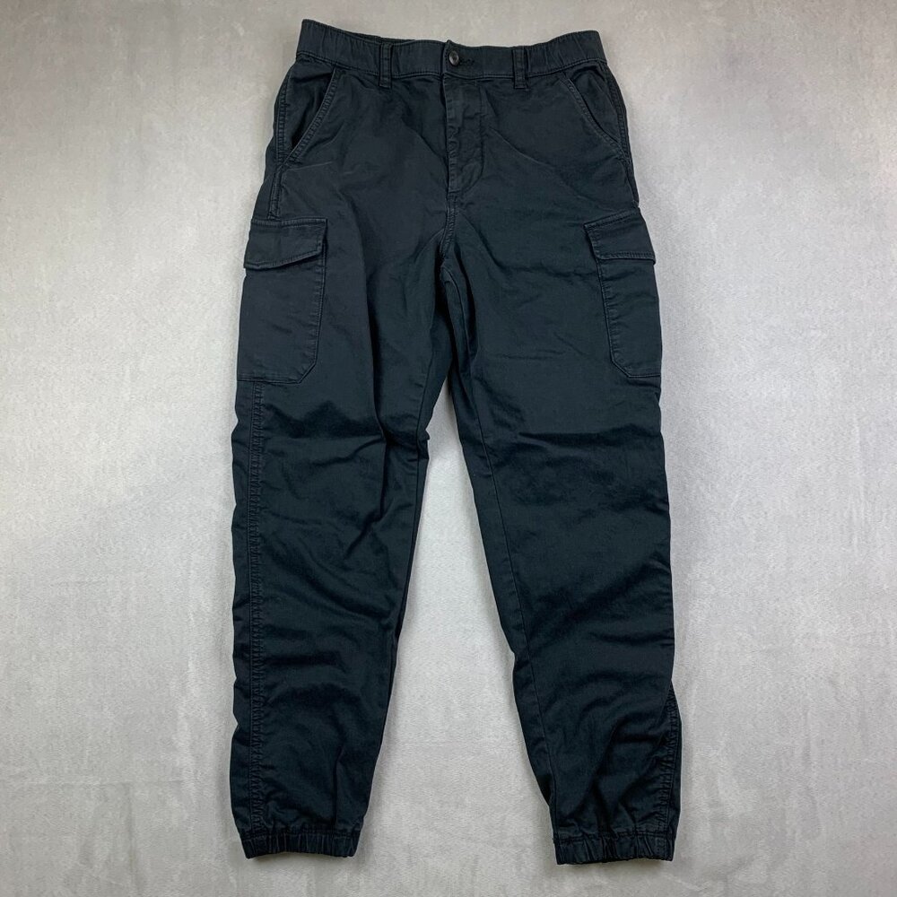 Uniqlo Mens Pants Small 27-30 Black Cargo Tapered Drawstring Cotton Spandex